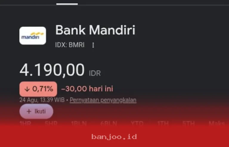 Saham PT Bank Mandiri Anjlok 0,71 Persen Saat Isu Blokir Rekening Nasabah Mengemuka